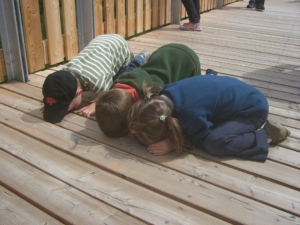 Kinder knien auf dem Boden und schauen durch die Holzdielen.