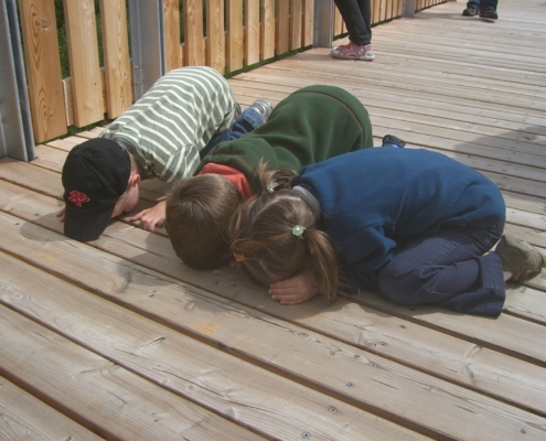 Kinder knien auf dem Boden und schauen durch die Holzdielen.